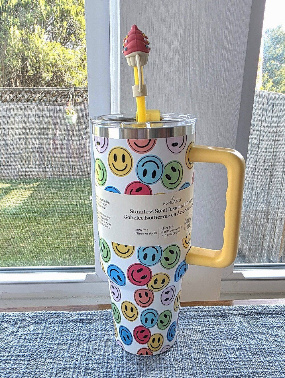 Ashland White Tumbler with Yellow Handle and Multicolor Smiley Faces